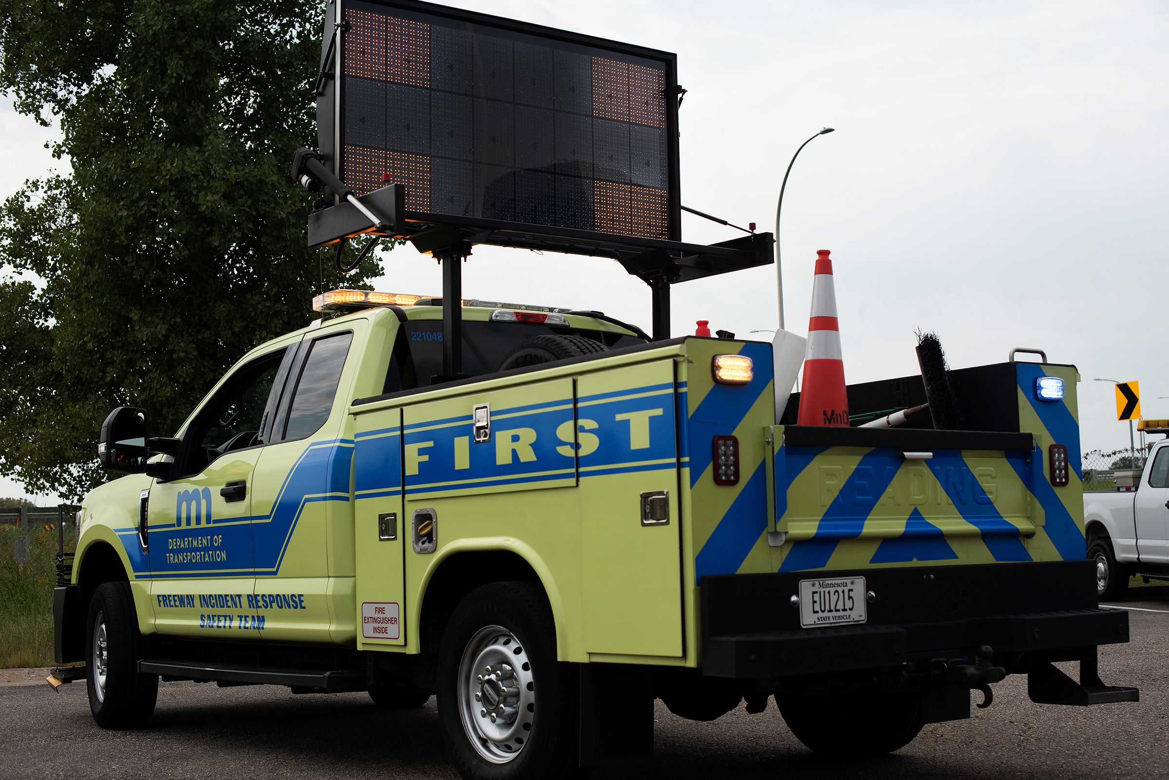 FIRST truck with deployed electronic sign.